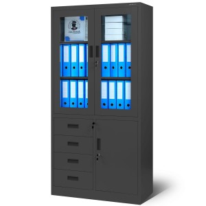 Biurowa przeszklona szafa metalowa na akta z szufladami WIOLA, 900 x 1850 x 400 mm, antracytowa