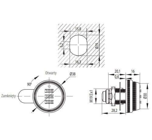 Zamek szyfrowy z gumowym oringiem L 20 mm