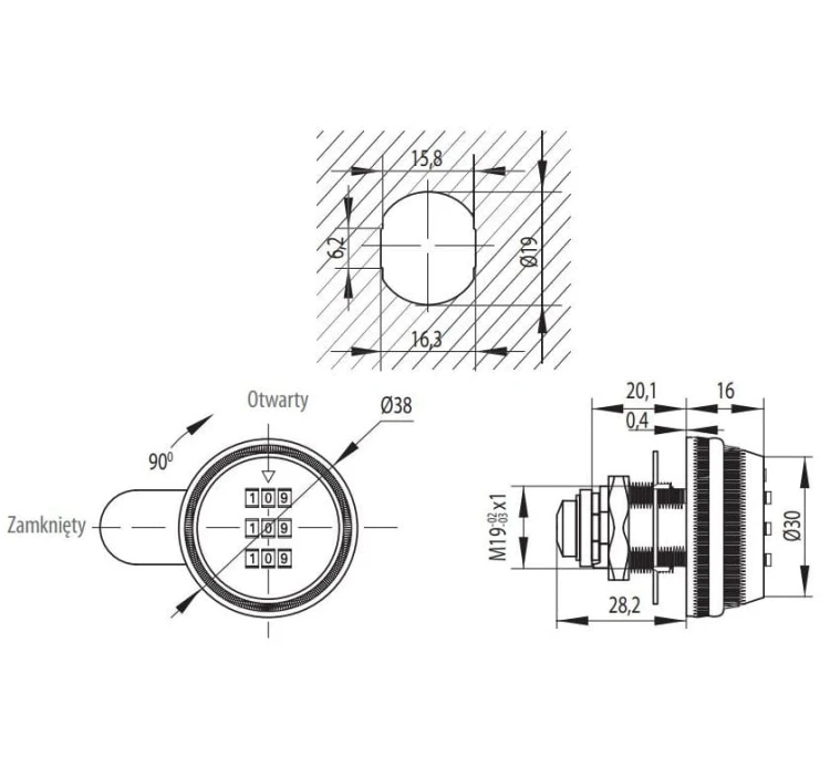Zamek szyfrowy z gumowym oringiem L 20 mm